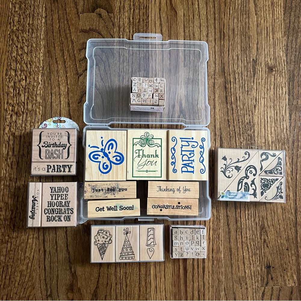 Lot of Mostly New & Some Used Rubber Wooden Stamps